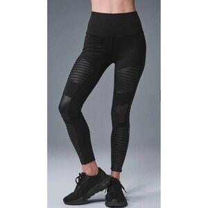 Alo Yoga High-Waist Moto Leggings Women's M Black Glossy Ribbed Gothic Gym Oil